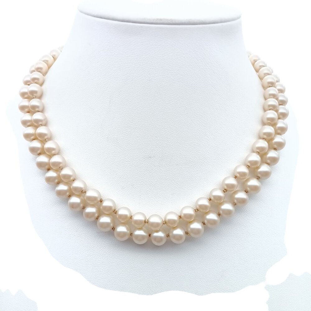 Vintage Double Strand Faux Pearl Necklace with Ornate Clasp, Knotted Glass Choke